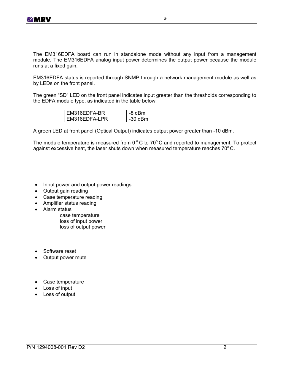 1 features, 2 edfa control inputs, 3 edfa alarm outputs | MRV Communications EM316EDFA-BR User Manual | Page 11 / 44