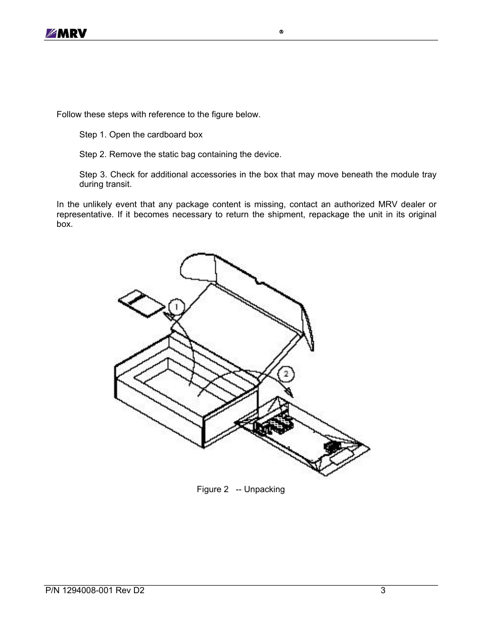 3 preparation and installation, 1 unpacking the fiber driver module, Figure 2 -- unpacking | MRV Communications EM316EDFA-BR User Manual | Page 12 / 44