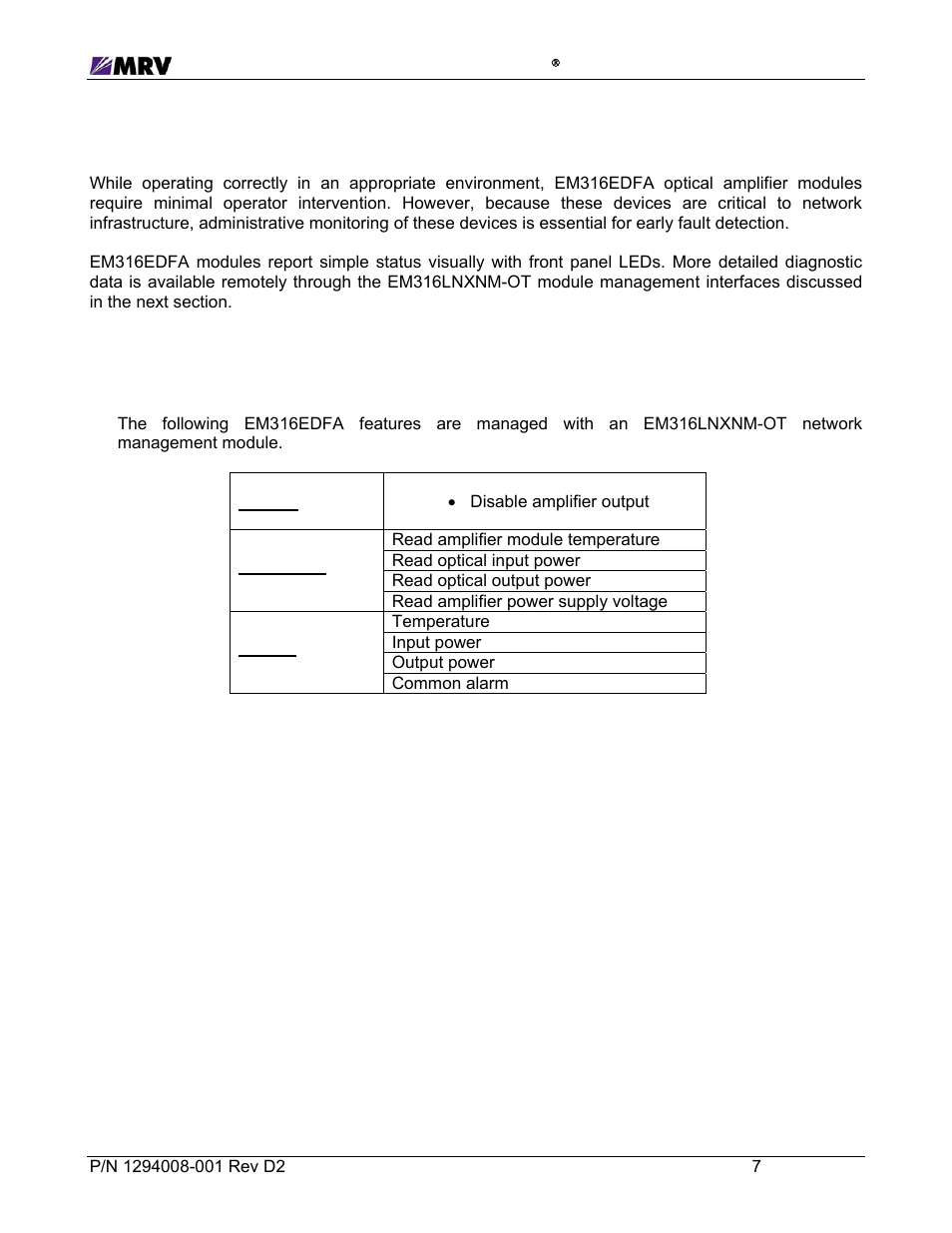 4 edfa features, 1 network management control and monitoring | MRV Communications EM316EDFA-BR User Manual | Page 16 / 44