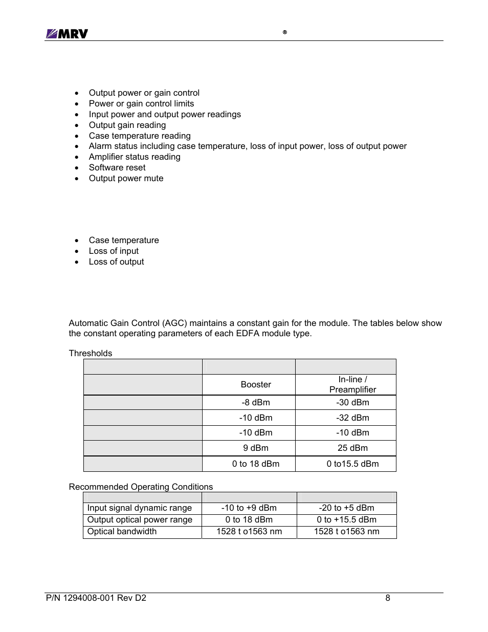 1 management control from the network, 2 em316edfa alarm output pins, 3 operating parameters | MRV Communications EM316EDFA-BR User Manual | Page 17 / 44