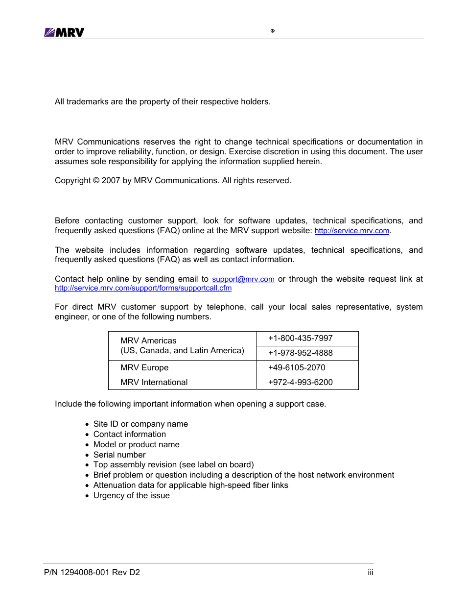 1 preliminary considerations, 1 trademarks, 2 copyright | 3 customer support | MRV Communications EM316EDFA-BR User Manual | Page 4 / 44