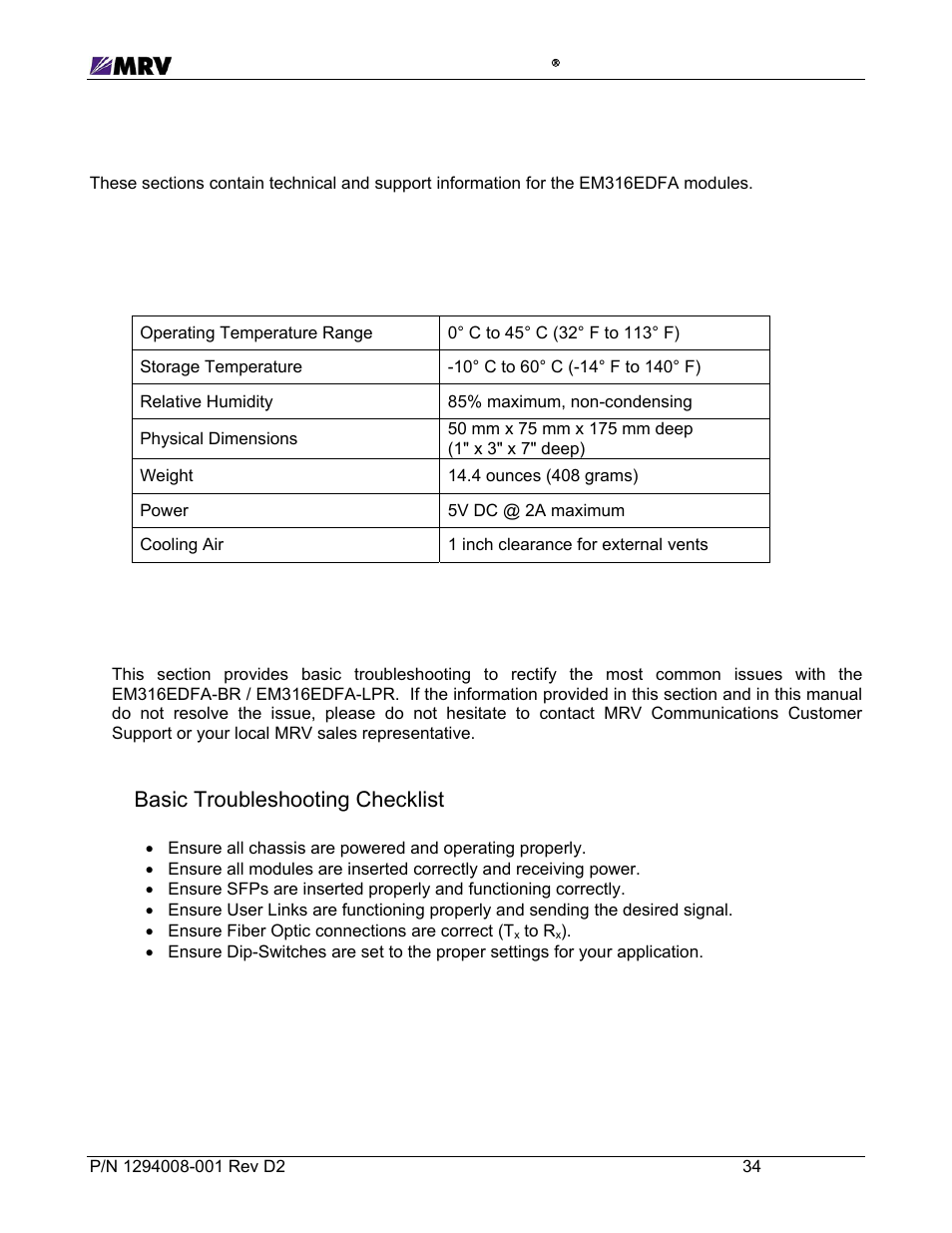 6 appendix, 1 technical specifications, 2 troubleshooting | Basic troubleshooting checklist | MRV Communications EM316EDFA-BR User Manual | Page 43 / 44