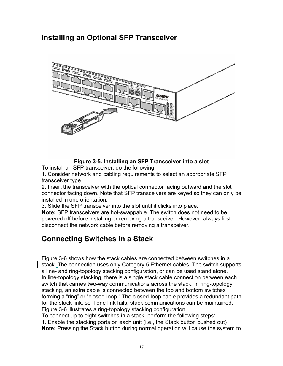 Installing an optional sfp transceiver, Connecting switches in a stack | MRV Communications MR2228-S2C User Manual | Page 21 / 41