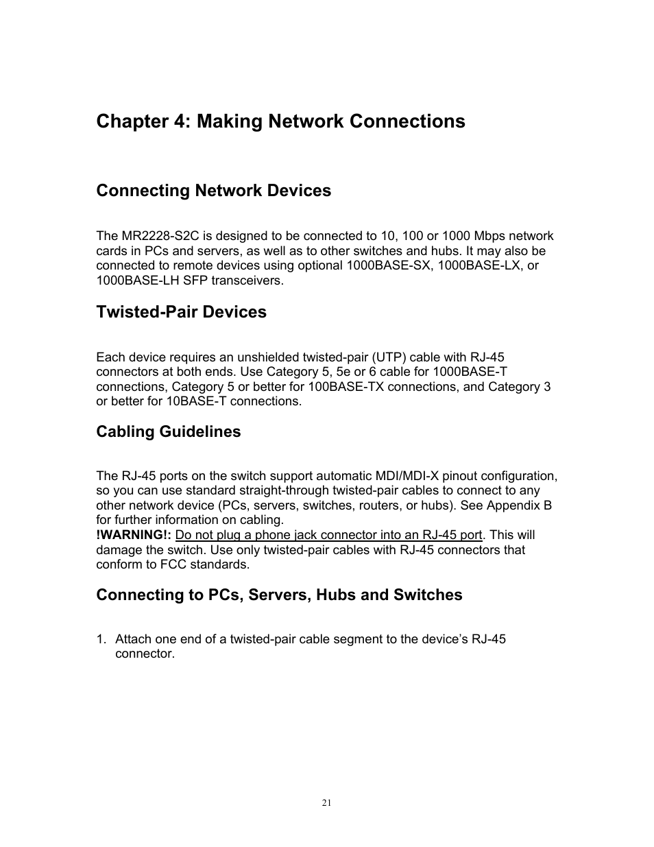 Chapter 4: making network connections, Connecting network devices, Twisted-pair devices | MRV Communications MR2228-S2C User Manual | Page 25 / 41