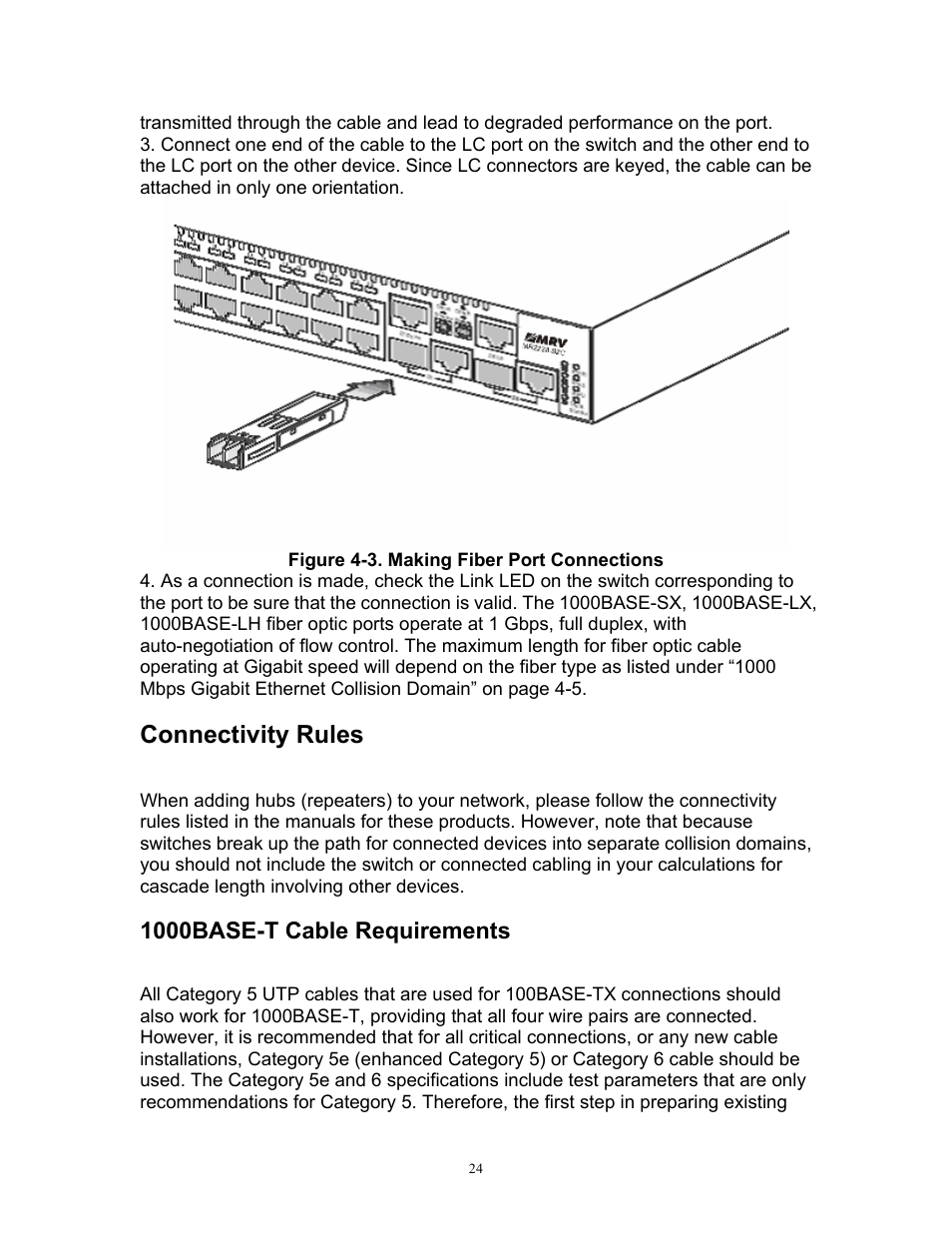 Connectivity rules, 1000base-t cable requirements | MRV Communications MR2228-S2C User Manual | Page 28 / 41