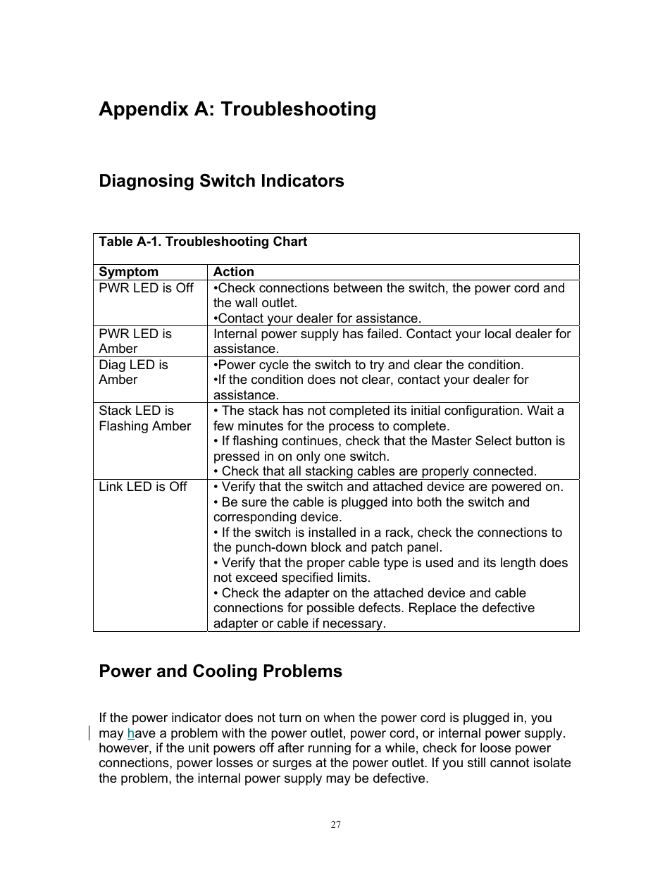 Appendix a: troubleshooting, Diagnosing switch indicators, Power and cooling problems | MRV Communications MR2228-S2C User Manual | Page 31 / 41