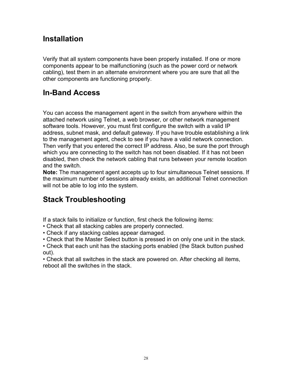 Installation, In-band access, Stack troubleshooting | MRV Communications MR2228-S2C User Manual | Page 32 / 41