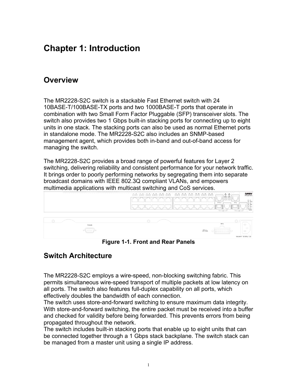 Chapter 1: introduction, Overview, Switch architecture | MRV Communications MR2228-S2C User Manual | Page 5 / 41