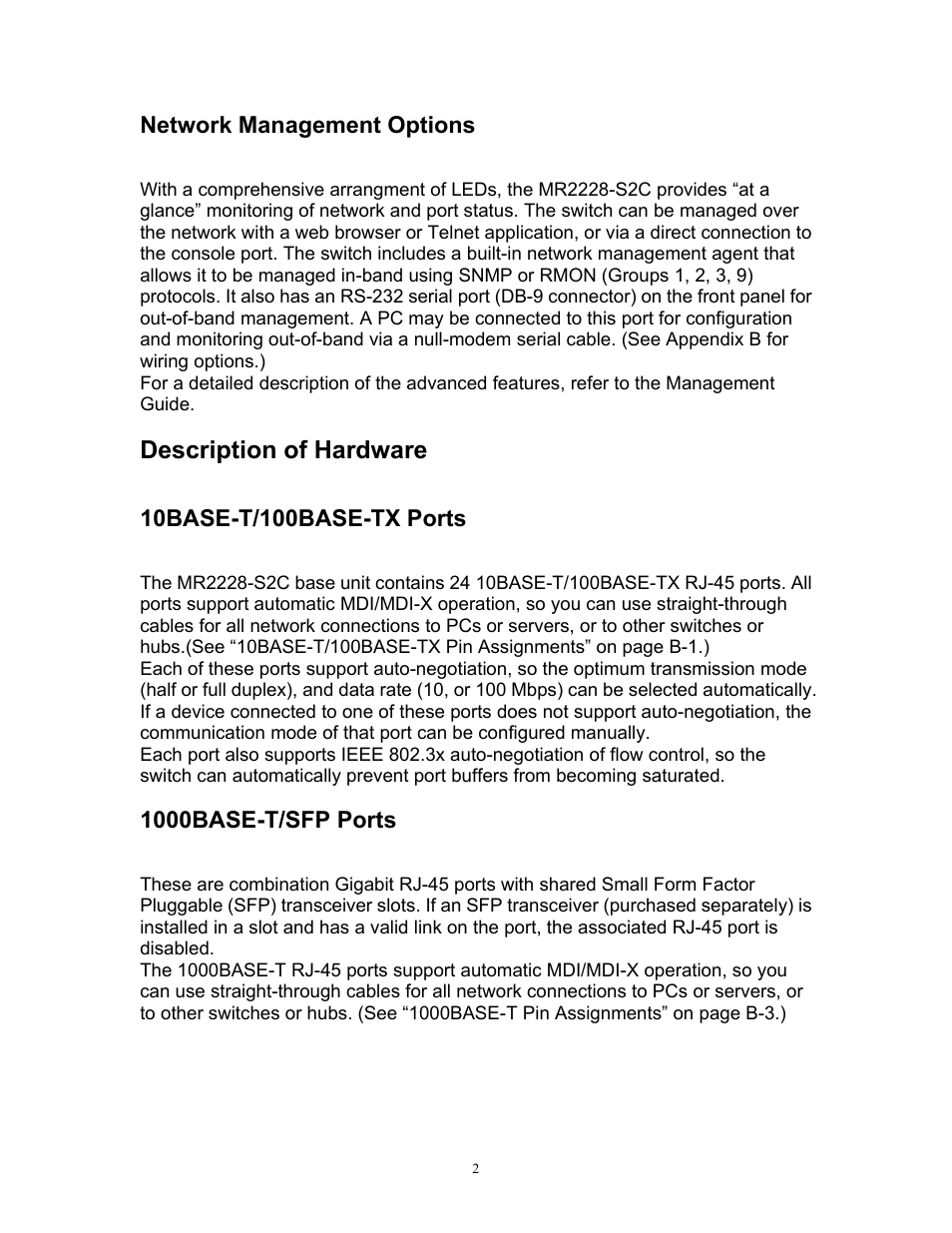 Description of hardware, Network management options, 1000base-t/sfp ports | MRV Communications MR2228-S2C User Manual | Page 6 / 41