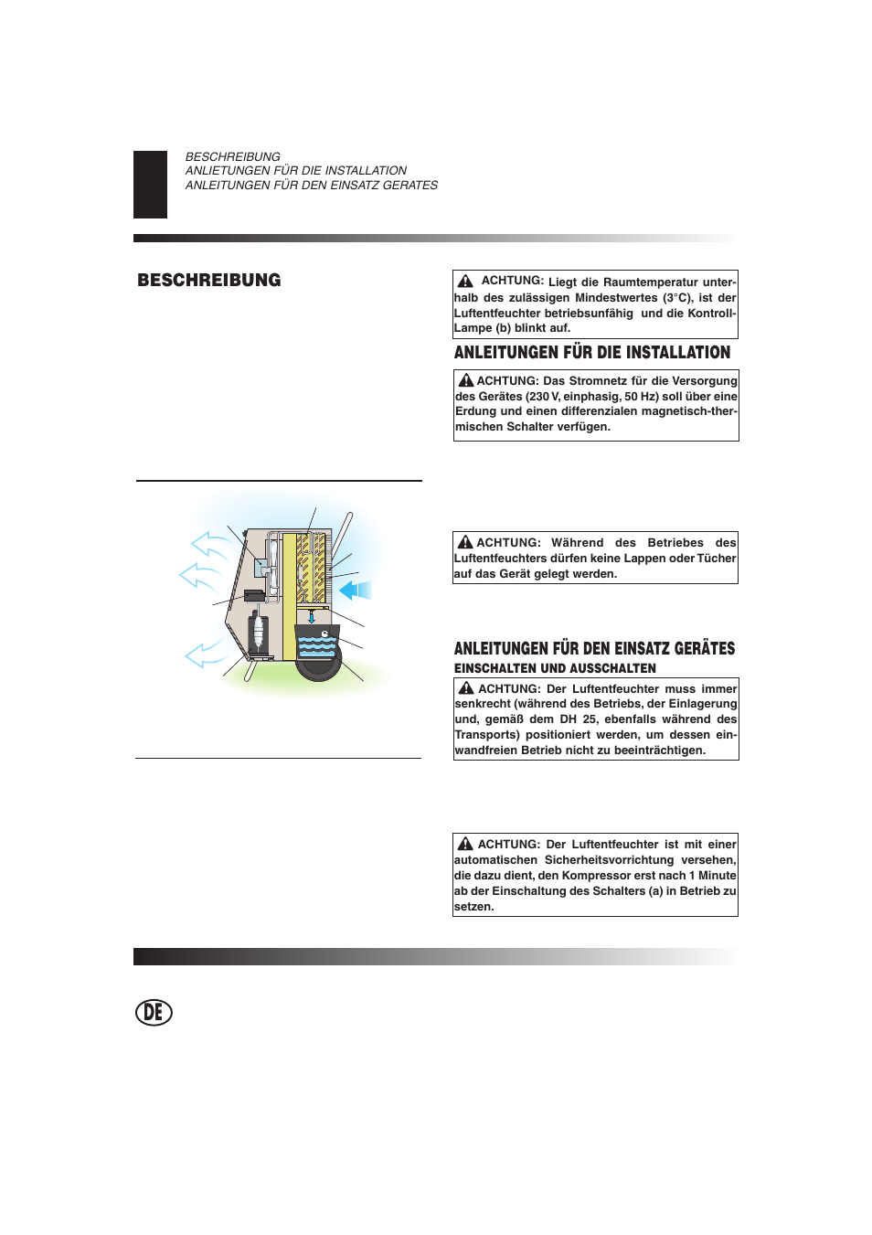 Beschreibung anleitungen für die installation, Anleitungen für den einsatz gerätes | Master Lock DH 40 User Manual | Page 10 / 28