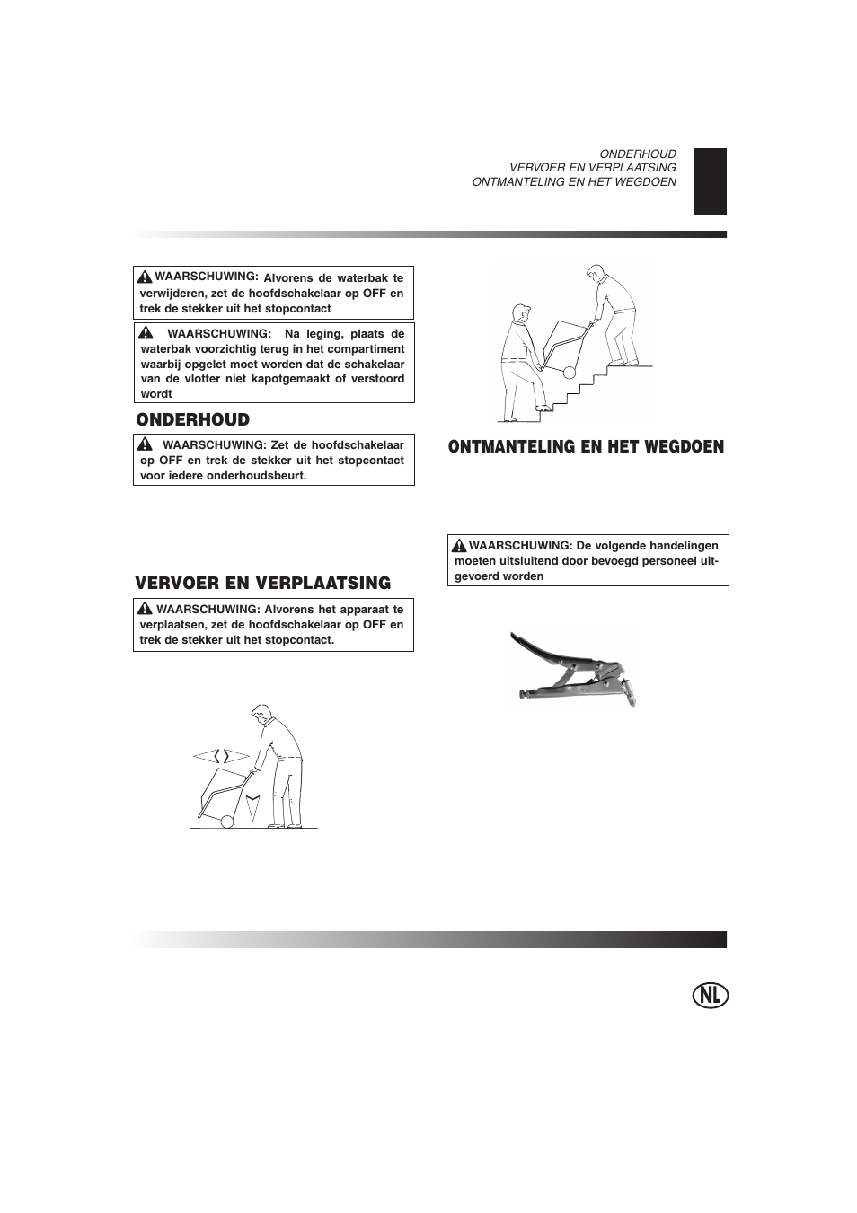 Ontmanteling en het wegdoen, Onderhoud vervoer en verplaatsing | Master Lock DH 40 User Manual | Page 21 / 28