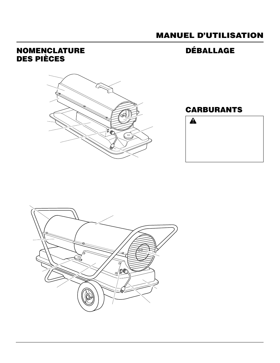 Manuel d’utilisation carburants, Déballage, Nomenclature des pièces | Master Lock B150CEH User Manual | Page 31 / 108