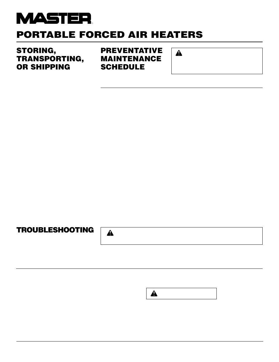 Portable forced air heaters, Storing, transporting, or shipping, Preventative maintenance schedule | Troubleshooting | Master Lock B150CEH User Manual | Page 8 / 108