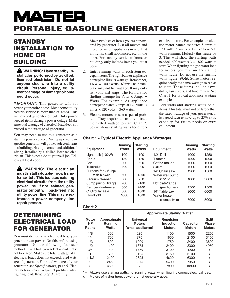 Portable gasoline generators | Master Lock MGH3000G User Manual | Page 10 / 36