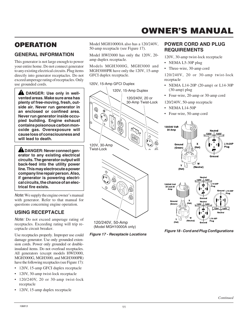 Owner’s manual, Operation, General information | Power cord and plug requirements, Using receptacle, Figure 18 - cord and plug configurations continued | Master Lock MGH3000G User Manual | Page 11 / 36