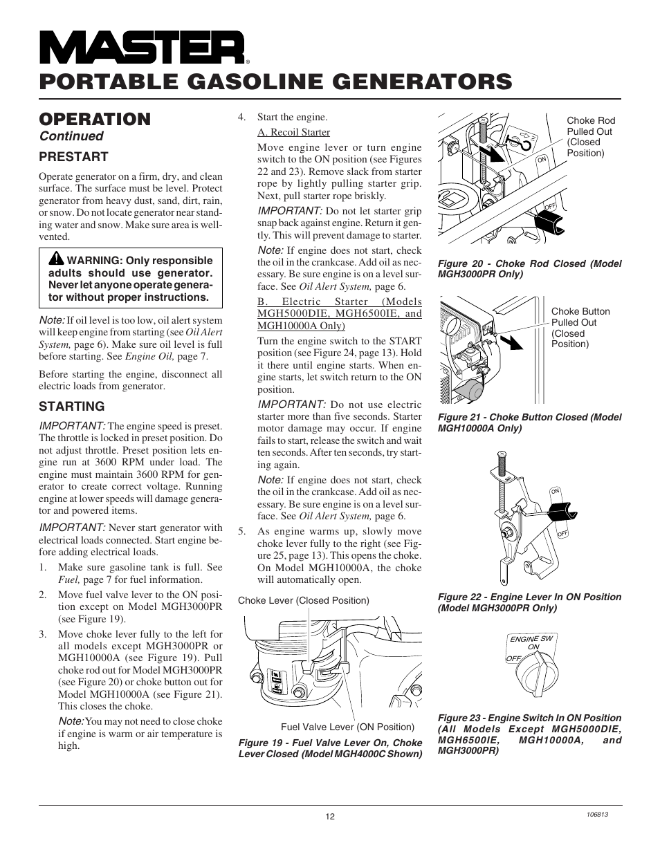 Portable gasoline generators, Operation, Continued | Master Lock MGH3000G User Manual | Page 12 / 36