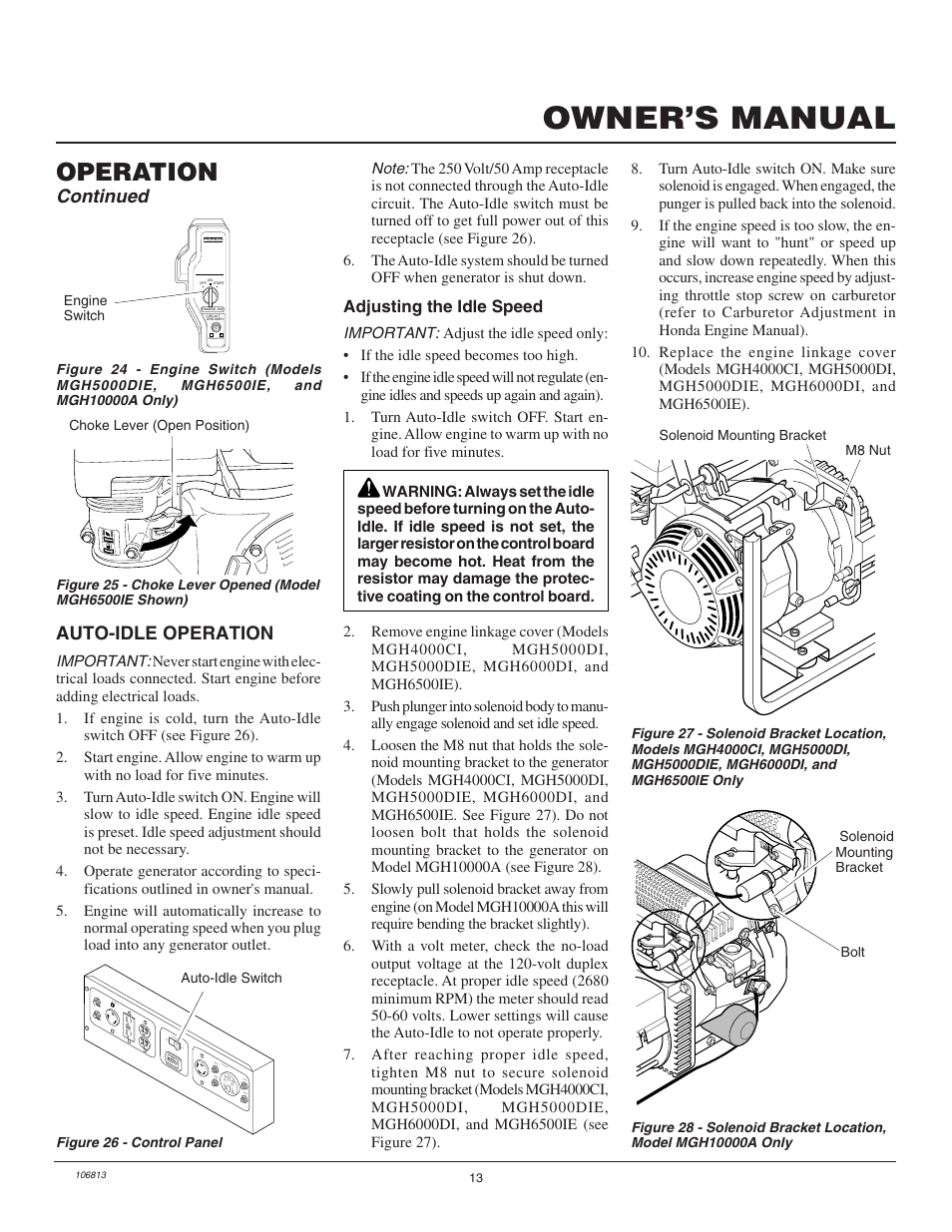 Owner’s manual, Operation, Continued | Auto-idle operation | Master Lock MGH3000G User Manual | Page 13 / 36