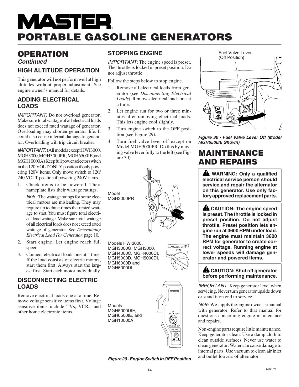 Portable gasoline generators, Maintenance and repairs, Operation | Continued, High altitude operation, Adding electrical loads, Disconnecting electric loads, Stopping engine | Master Lock MGH3000G User Manual | Page 14 / 36