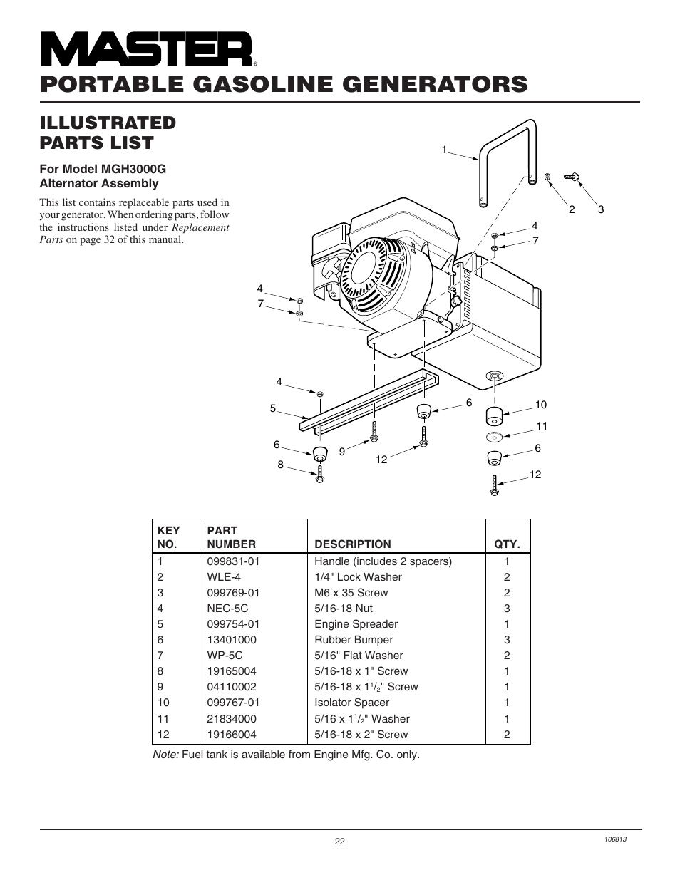 Portable gasoline generators, Illustrated parts list | Master Lock MGH3000G User Manual | Page 22 / 36