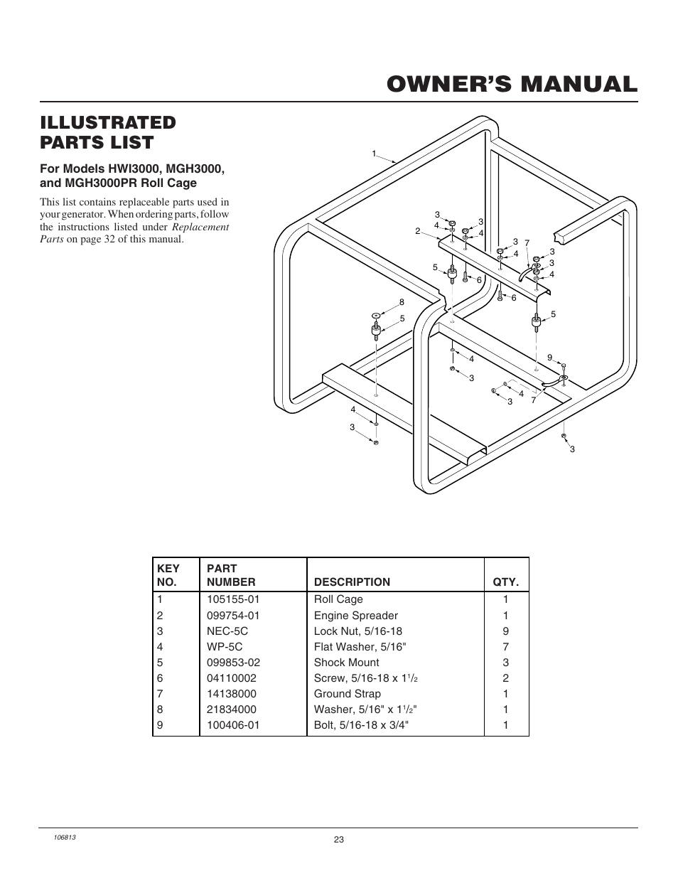 Owner’s manual, Illustrated parts list | Master Lock MGH3000G User Manual | Page 23 / 36