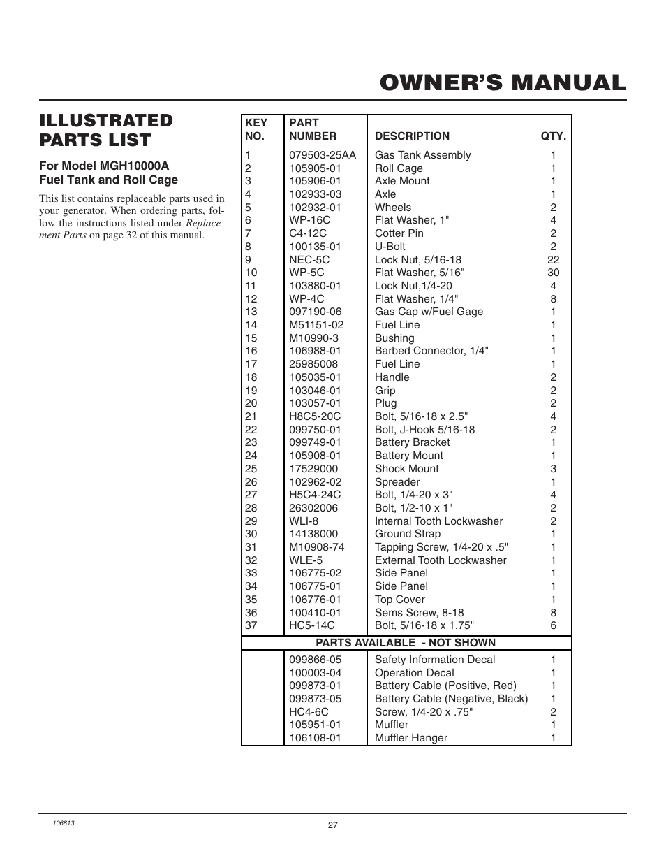 Owner’s manual, Illustrated parts list | Master Lock MGH3000G User Manual | Page 27 / 36