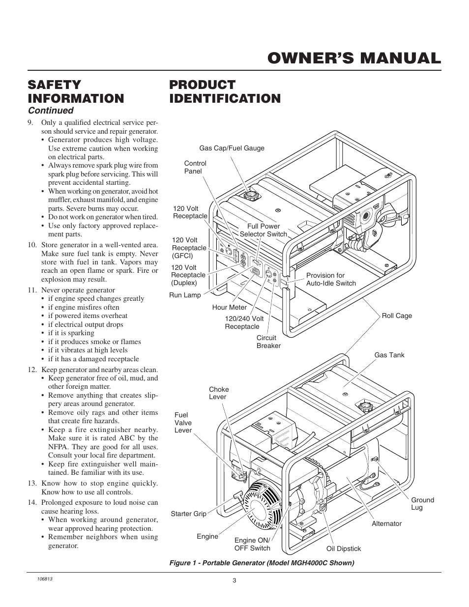 Owner’s manual, Product identification, Safety information | Continued | Master Lock MGH3000G User Manual | Page 3 / 36