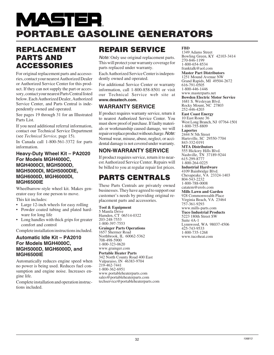 Portable gasoline generators, Parts centrals, Replacement parts and accessories | Repair service | Master Lock MGH3000G User Manual | Page 32 / 36