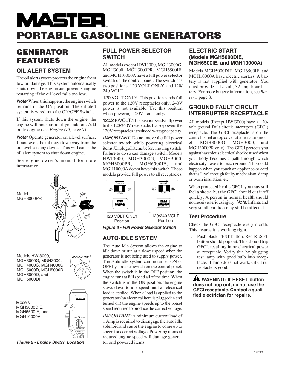Portable gasoline generators, Generator features, Ground fault circuit interrupter receptacle | Oil alert system, Full power selector switch, Electric start, Auto-idle system | Master Lock MGH3000G User Manual | Page 6 / 36