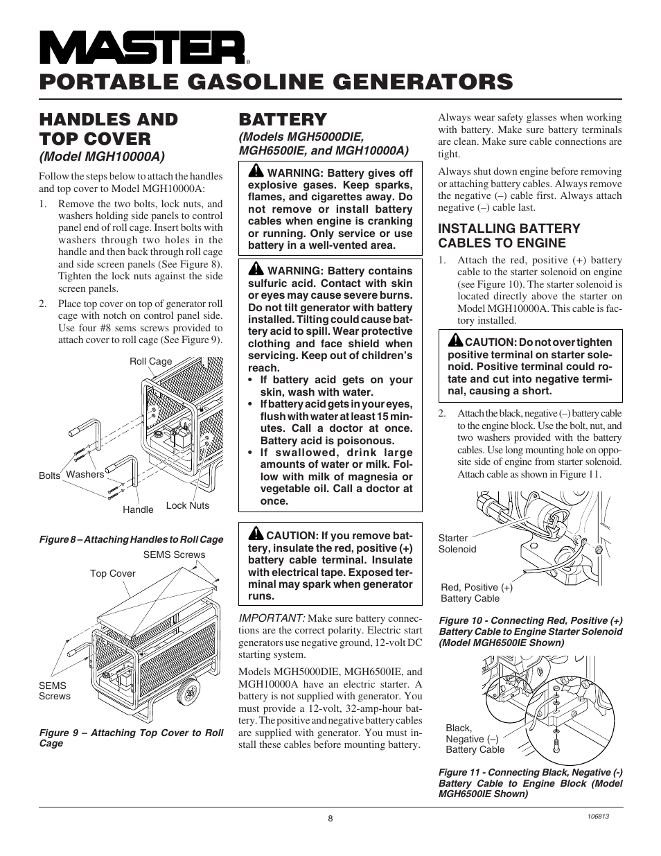 Portable gasoline generators, Handles and top cover, Battery | Master Lock MGH3000G User Manual | Page 8 / 36