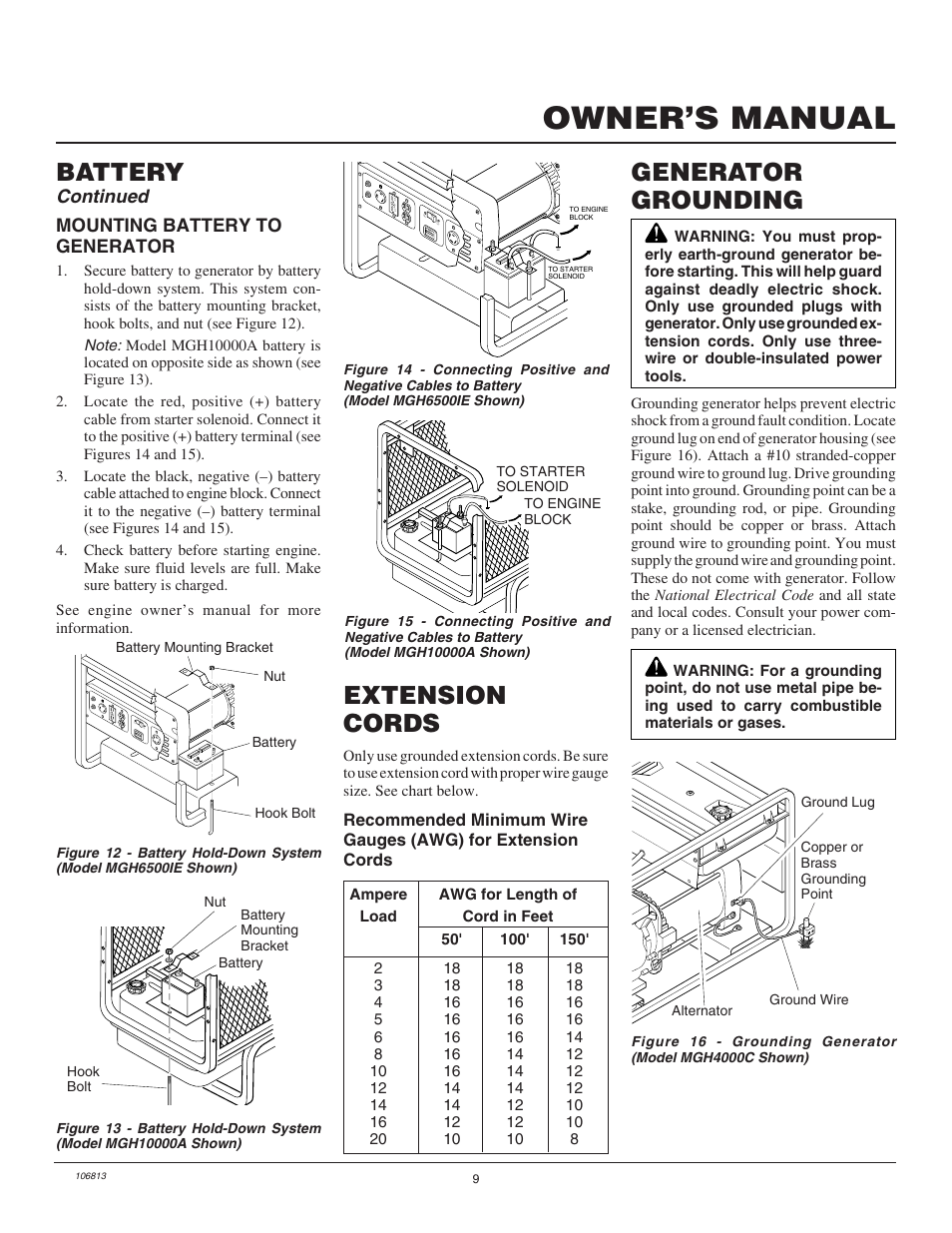Owner’s manual, Battery, Generator grounding | Extension cords, Continued | Master Lock MGH3000G User Manual | Page 9 / 36