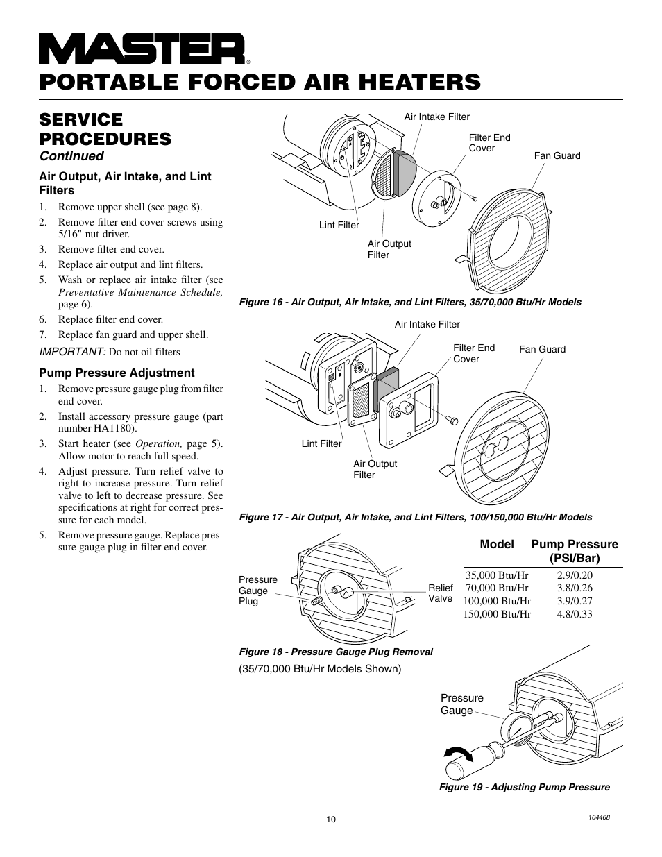 Portable forced air heaters, Service procedures, Continued | Master Lock B150CEA User Manual | Page 10 / 48