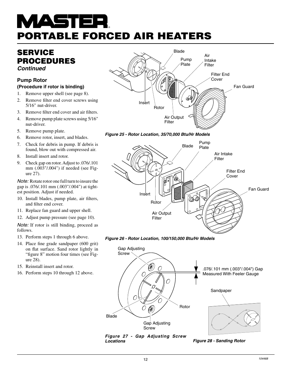 Portable forced air heaters, Service procedures, Continued | Master Lock B150CEA User Manual | Page 12 / 48