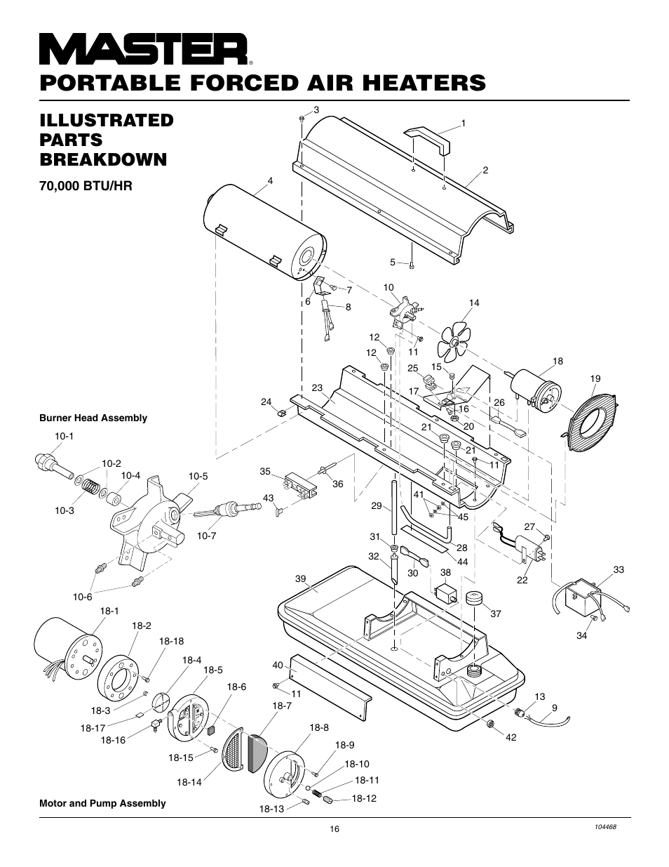 Portable forced air heaters, Illustrated parts breakdown | Master Lock B150CEA User Manual | Page 16 / 48