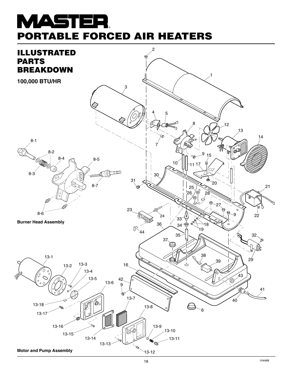 Portable forced air heaters, Illustrated parts breakdown | Master Lock B150CEA User Manual | Page 18 / 48