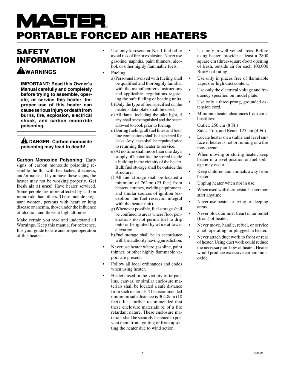 Portable forced air heaters, Safety information | Master Lock B150CEA User Manual | Page 2 / 48