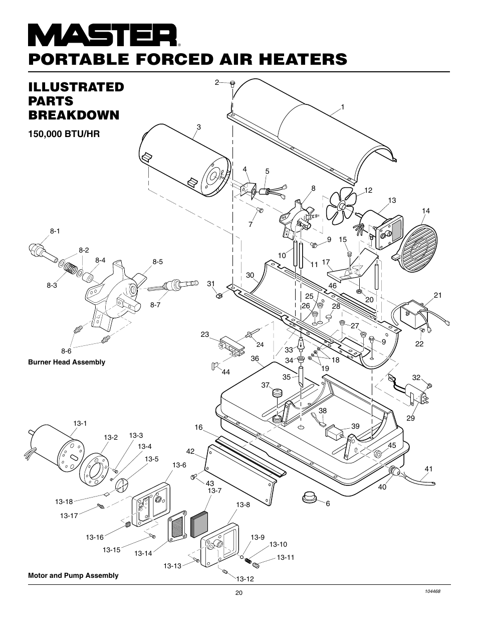 Portable forced air heaters, Illustrated parts breakdown | Master Lock B150CEA User Manual | Page 20 / 48