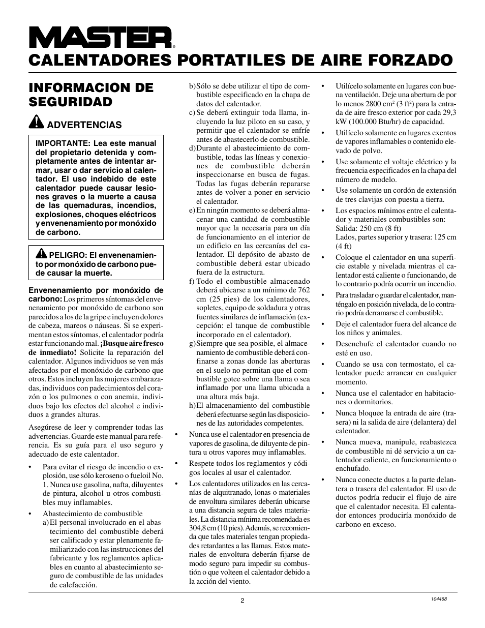 Calentadores portatiles de aire forzado, Informacion de seguridad | Master Lock B150CEA User Manual | Page 26 / 48