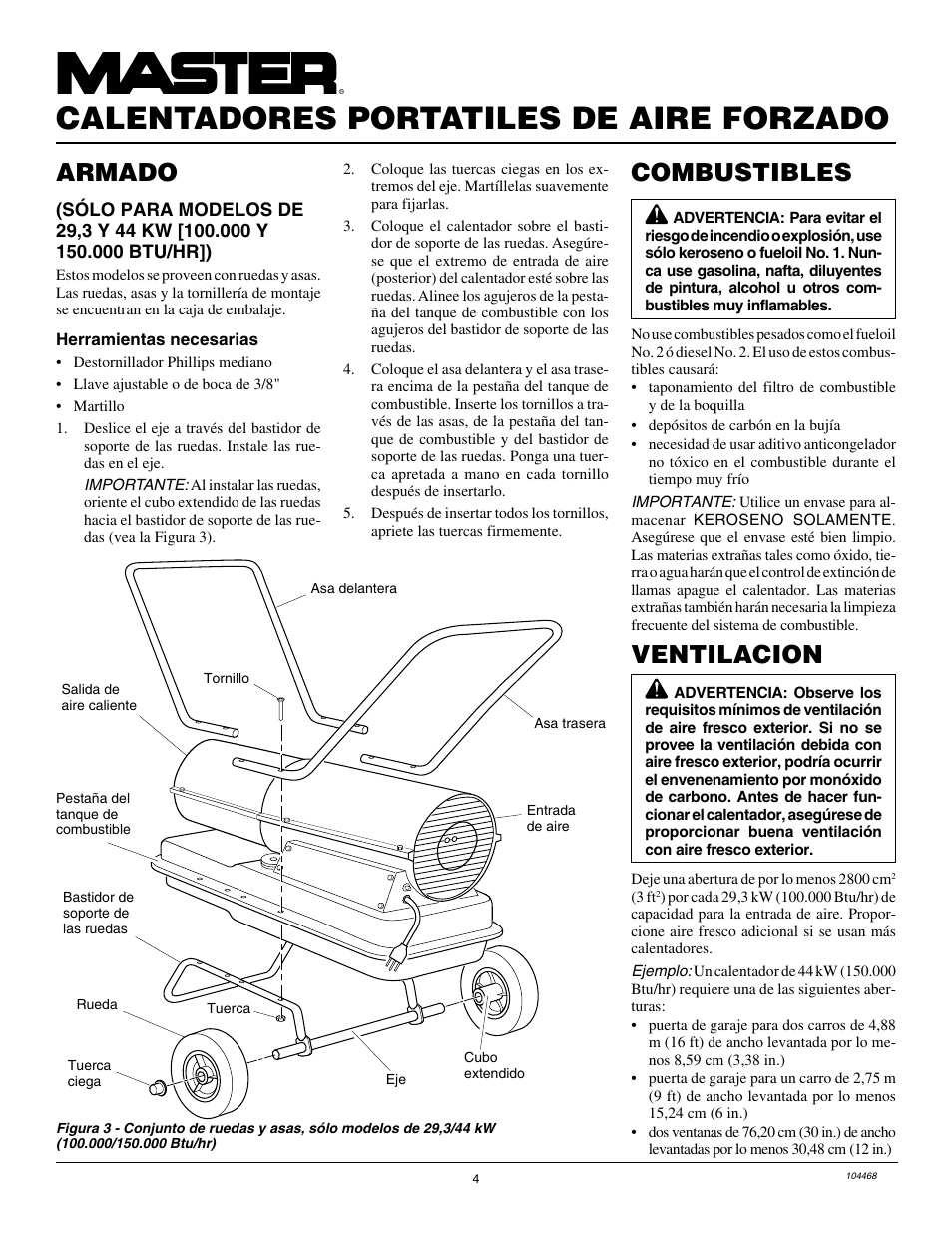 Calentadores portatiles de aire forzado, Combustibles, Armado | Ventilacion | Master Lock B150CEA User Manual | Page 28 / 48