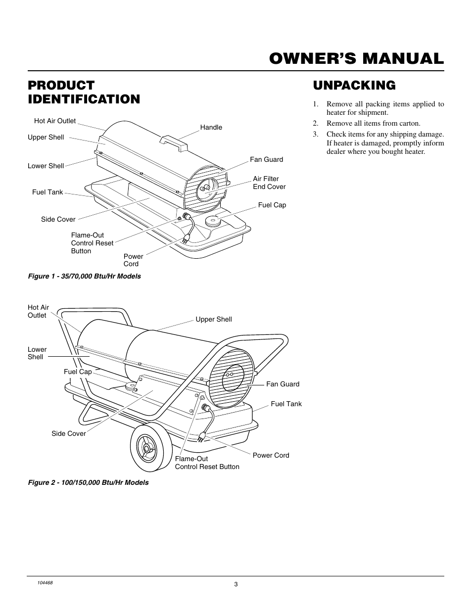 Owner’s manual, Product identification, Unpacking | Master Lock B150CEA User Manual | Page 3 / 48