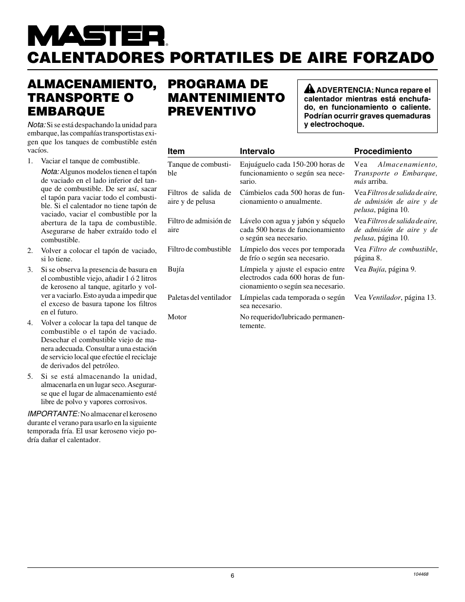 Calentadores portatiles de aire forzado, Programa de mantenimiento preventivo, Almacenamiento, transporte o embarque | Master Lock B150CEA User Manual | Page 30 / 48