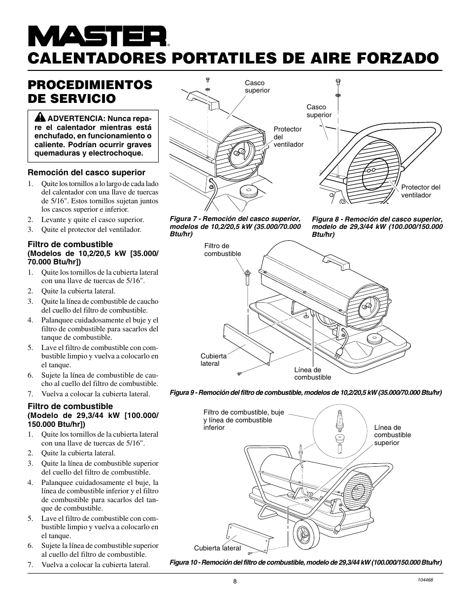 Calentadores portatiles de aire forzado, Procedimientos de servicio | Master Lock B150CEA User Manual | Page 32 / 48