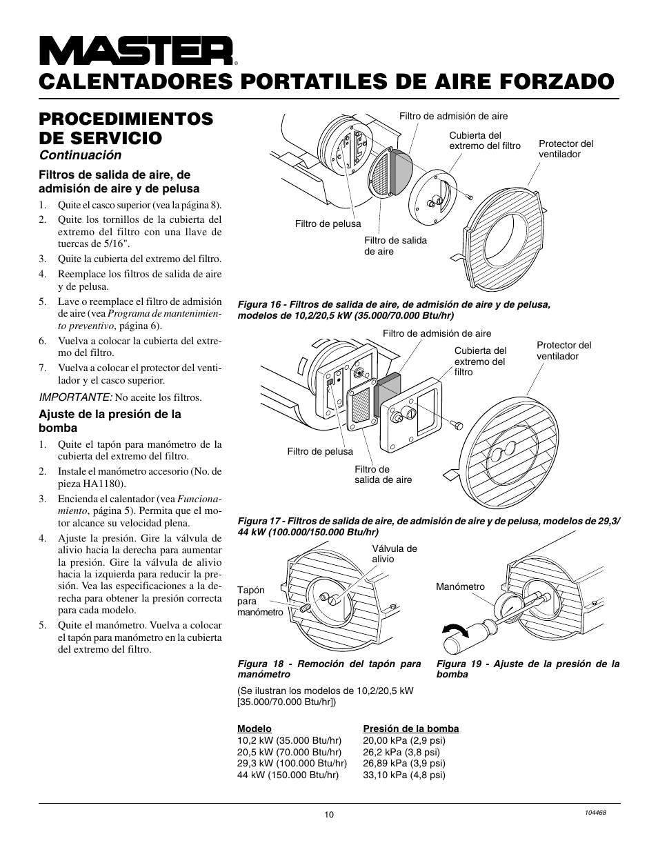 Calentadores portatiles de aire forzado, Procedimientos de servicio, Continuación | Master Lock B150CEA User Manual | Page 34 / 48