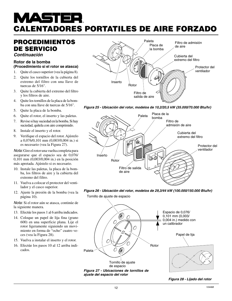 Calentadores portatiles de aire forzado, Procedimientos de servicio, Continuación | Master Lock B150CEA User Manual | Page 36 / 48