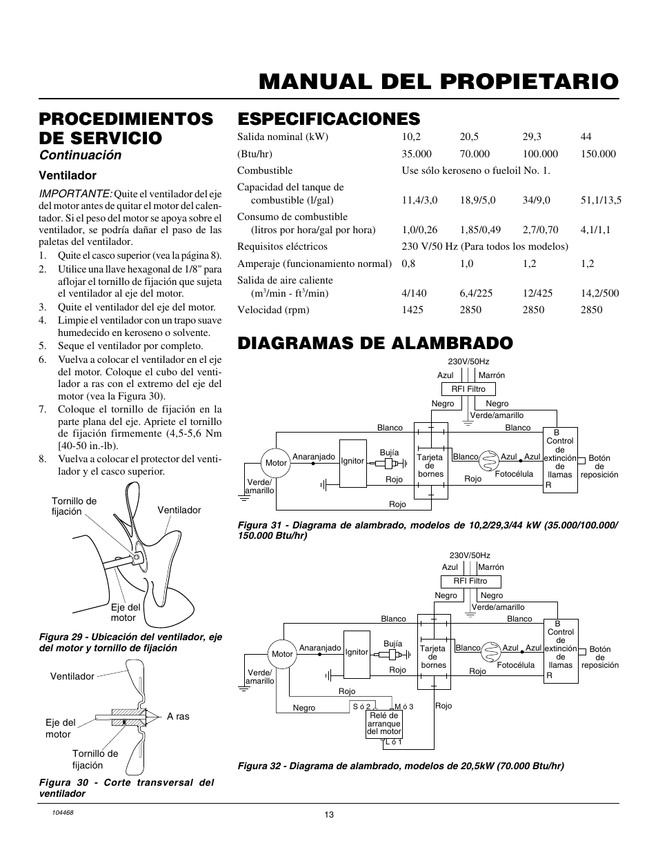 Manual del propietario, Especificaciones, Procedimientos de servicio | Diagramas de alambrado, Continuación, Ventilador | Master Lock B150CEA User Manual | Page 37 / 48