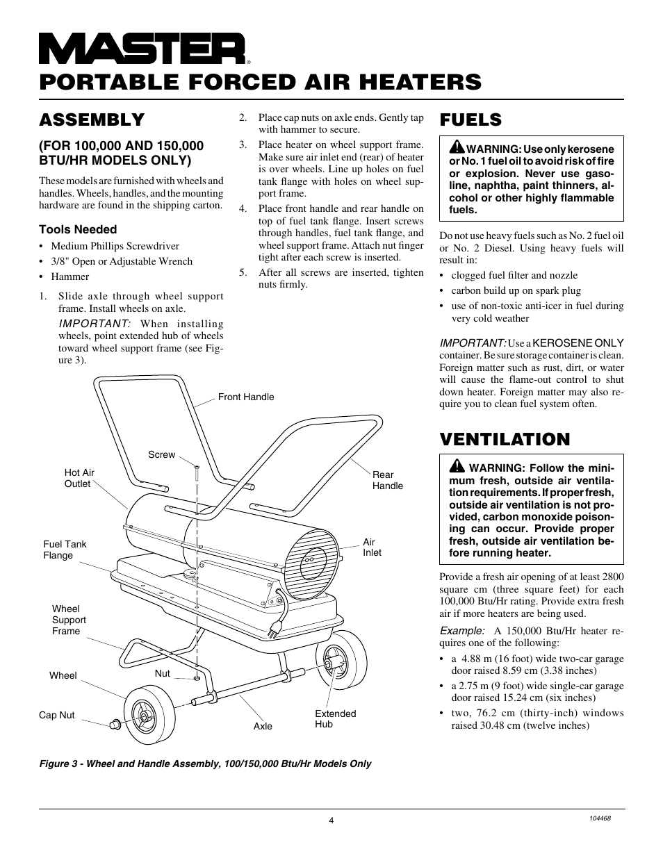 Portable forced air heaters, Fuels, Assembly | Ventilation | Master Lock B150CEA User Manual | Page 4 / 48