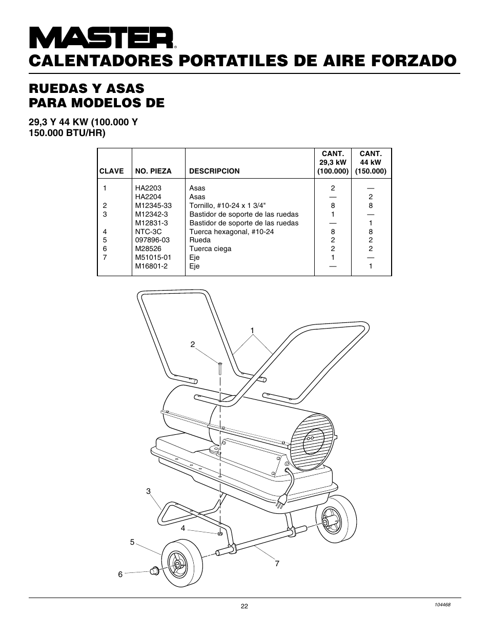 Calentadores portatiles de aire forzado, Ruedas y asas para modelos de | Master Lock B150CEA User Manual | Page 46 / 48