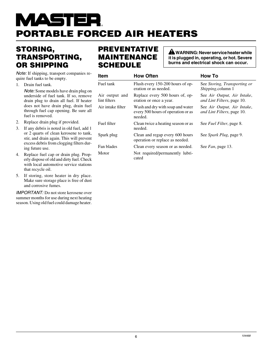 Portable forced air heaters, Storing, transporting, or shipping, Preventative maintenance schedule | Master Lock B150CEA User Manual | Page 6 / 48