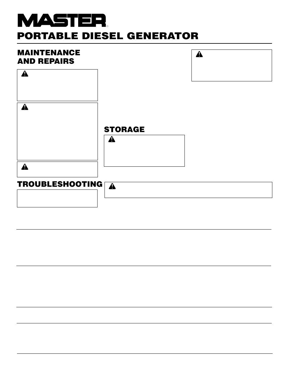 Portable diesel generator, Maintenance and repairs, Storage | Troubleshooting | Master Lock MGY5000C User Manual | Page 12 / 20