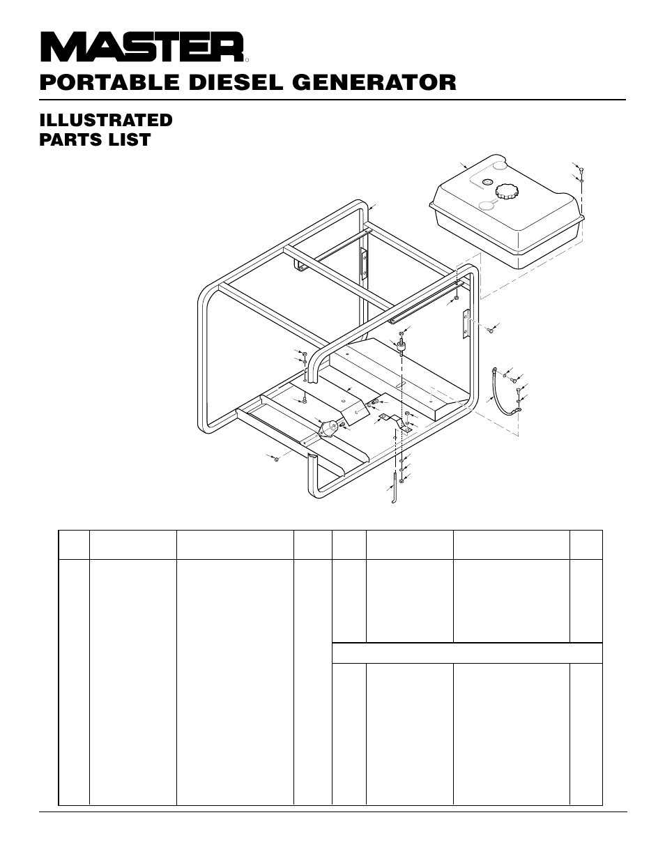 Portable diesel generator, Illustrated parts list, Fuel tank and roll cage | Master Lock MGY5000C User Manual | Page 16 / 20