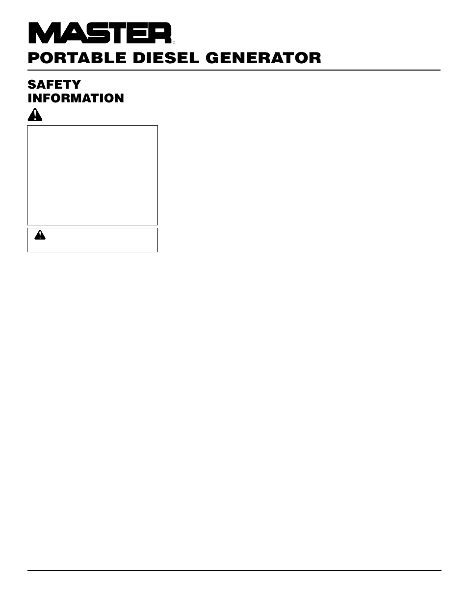 Portable diesel generator, Safety information | Master Lock MGY5000C User Manual | Page 2 / 20